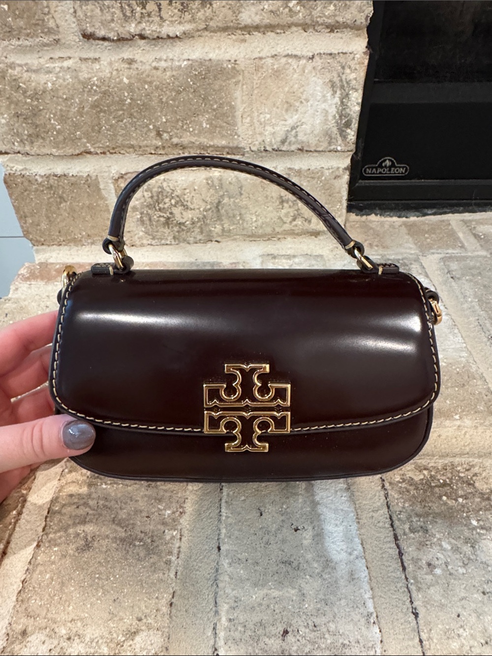 Tory Burch Dark Brown Patent Mini Top-Handle Bag with Gold Logo